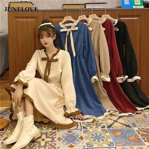 JuneLove Bow Collar Vintage Spring Long Midi Dress Women Long Sleeve Elegant Party Dress Korean Ruffles High Waist Harajuku