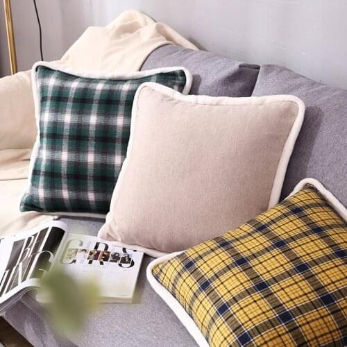 Lattice Flannel Pillowcase Check Plaid Retro Throw Pillow Case Cushion Cover with Edge for Home Office Car Decoration 45x45cm
