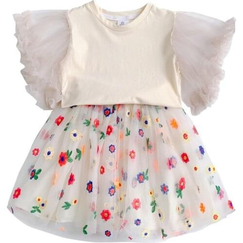 Summer Girls Clothes Set Korean Version Children Female Kids Baby Lace Flying Sleeves Jacket Plus Embroidered Mesh Skirt Sets