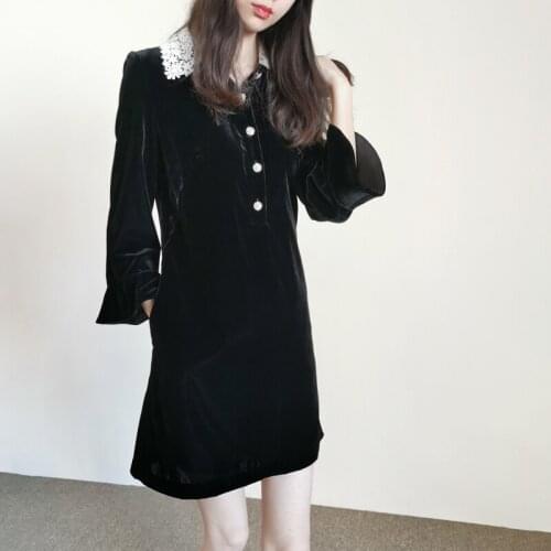 2021 New Spring Collections Sweet Lace Embroidery Collar Velvet Black Dress US Fashion US 0-10