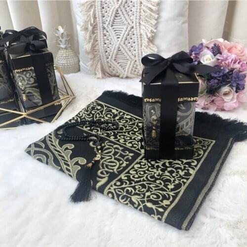 Çırağan Series Cotton Taffeta Prayer Rug And Rosary Gift Set Black Hajj Umrah Friday Prayer Feast Mawlid Prayer Rug Muslim Islamic gift