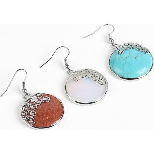 New Style 6pair/Lot Ear Aaccessories Natural Convex Round Tiger Eye Hollow Earrings Alloy Accessories Female Earrings Hand Make