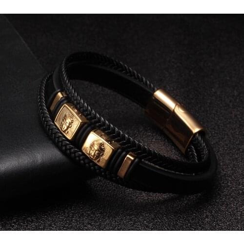 Braided Gold Buddha Head Stainless Steel Chain Link Cuff Charm Bracelets Genuine Leather Men Women Belief Bracelets Pulsera