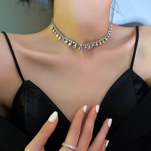 Origin Summer Exaggerated Bling Bling Rhinestone Chokers Necklace for Women French Multicolor Geometric Necklace Jewelry