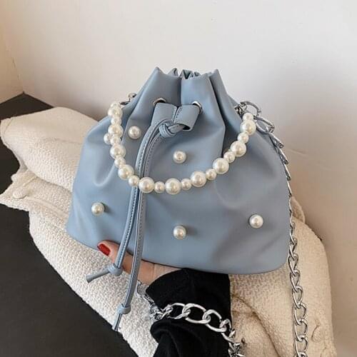 Pearl Handle Drawstring Bucket Bag 2021 Summer New Quality PU Leather Womens Designer Handbag Chain Shoulder Messenger Bag