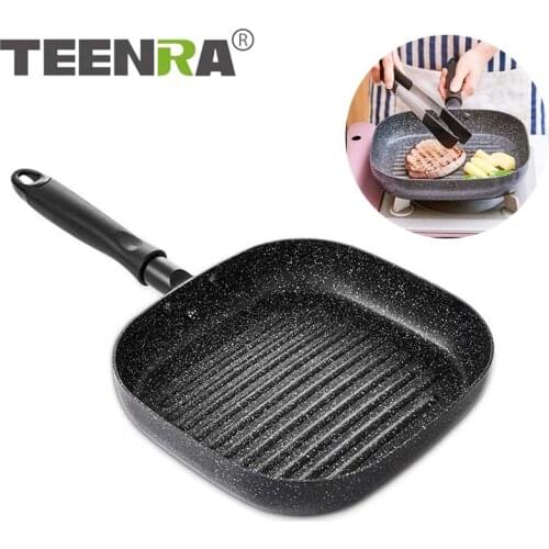 TEENRA 9in Aluminum Non-stick Square Grill Pan Steak Fry Pans Multi-function Snowflake Striped Frying Pan