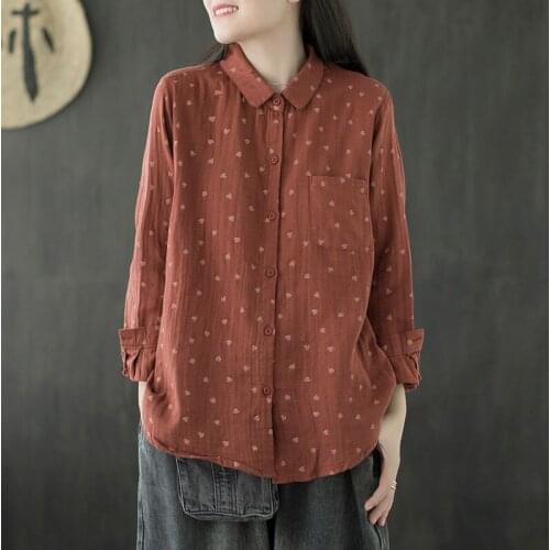 Vintgae Cotton Linen Women Shirts Summer Turn-Down Collar Printed Casual All Match Female Outwear Tops