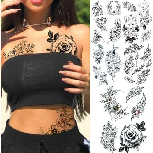 3D Black Flower Temporary Tattoos For Women Girls Adult Rose Peony Moon Wolf Reindeer Fake Tattoo Sticker Chest Art Tattos Paste