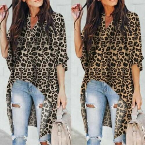 2020 Women Ladies V-Neck Casual Flare Sleeve Irregular Leopard Print Shirt Tops Casual Tops Plus Size Blusas Femininas