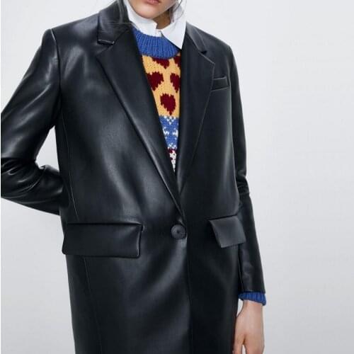 2021 New Fashion Women Black V-neck Faux Leather Blazer Jackets Office Lady Boyfriend Oversize Long Sleeve Pocket Loose Coat