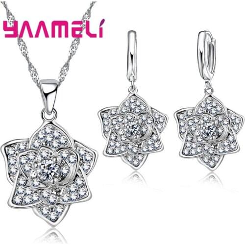 Women Girls Fashion 925 Sterling Silver Fashion Necklace Earrings Jewelry Set With Charm Rose Pendant For Engagement