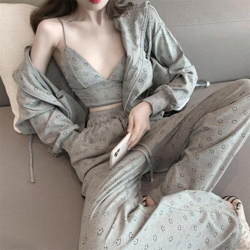 3 Piece Set Tracksuit Women 2021 Spring Summer Bra Long Sleeve Coat Wide Leg Pants Female Loose Hooded Sports Suit Y790