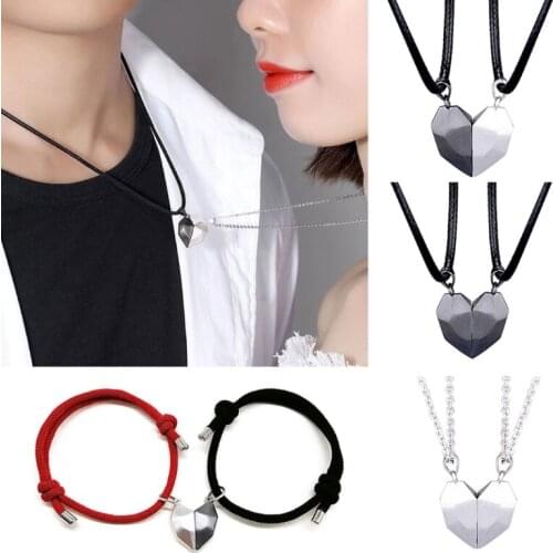 2Pcs Minimalist Lovers Matching Friendship Heart Pendant Couple Magnetic Distance Faceted Heart Pendant Necklace Jewelry
