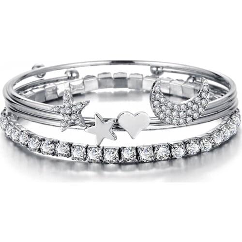 40 pieces/lot Gold Silver Color Bangles Open Cuff Bracelets Set Rhinestone For Women Heart Star Moon Statement Charm Jewelry