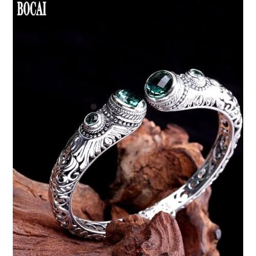 BOCAI new S925 pure silver jewelry engraved spring crystal bracelet woman vintage Thai silver woman bracelet