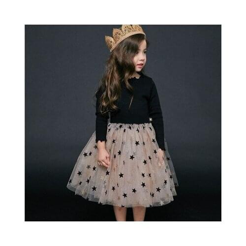 New fashion girls dresses comfortable sparkling stars long sleeves cotton princess dress mesh childrens