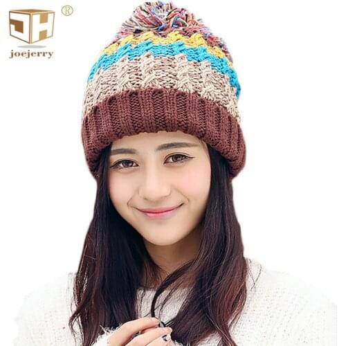 JOEJERRY Knitted Hat With Pompom Patch Beanie Bonnet Femme Hot Sale Fashion Hat Winter Warm Hat For Women Girls