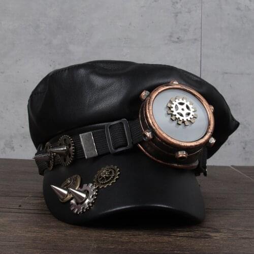 Women Men Steampunk Military Hat Handmade Gear Goggler Flat Sailor Cap Cadet Hat Black Leather Cosplay Halloween Hat