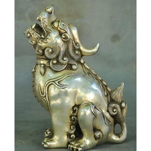 6" Collect Old Chinese Palace Silver Fengshui Wealth Unicorn Beast Pixiu Statue