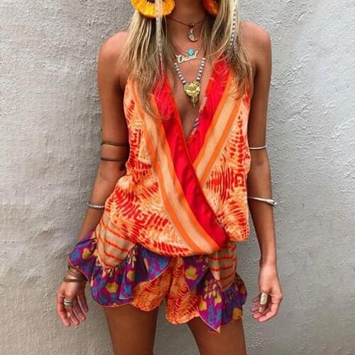 2021 Summer Fashion Stitching New Round Neck Ladies One Piece Shorts Sleeveless Lace Up Printing Sweet One Piece Pants