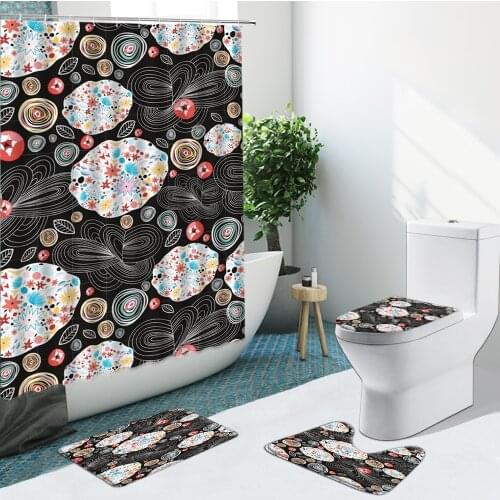 Creative Geometric Colorful Pattern Bathroom Set Shower Curtain Fabric Non-Slip Rugs Flannel Toilet Carpet Cover With Hook Decor