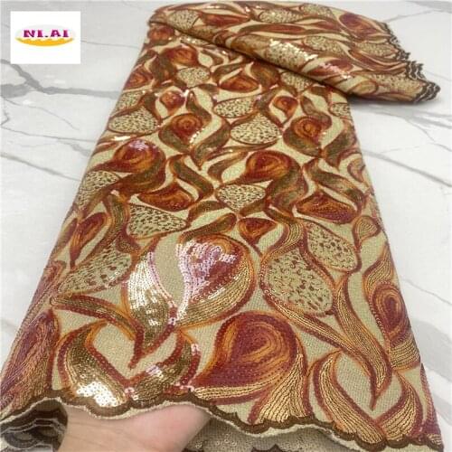 Sequence Lace Fabric High End Design Burn Orange African Tulle Lace Embroidered Ribbon Nigerian Dresses For Women NA4385B-1