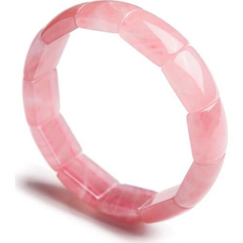 Madagascar Natural Rose Pink Quartz Crystal Rectangle Bead Stretch Woman Female Fashion Bangle Bracelets