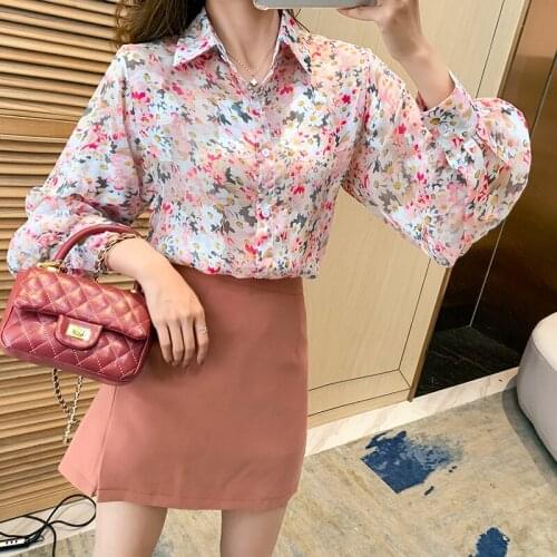 Chikichi Fashion Lapel Long Sleeve Chiffon Printed Shirt Lantern Sleeve 2021 Fall New French Elegant Loose Casual Shirt Women