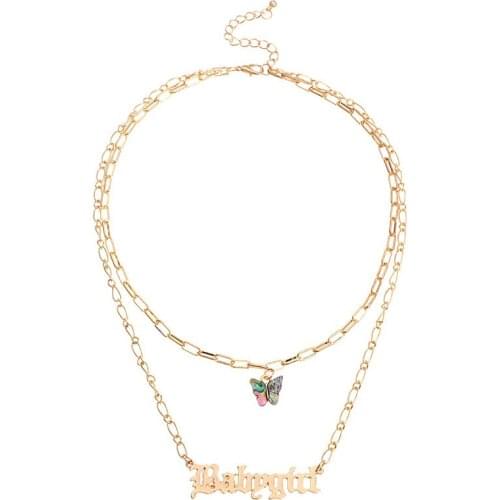 Fashion Layered Necklace Abalone Shell Butterfly Double Layer Letter Alphabet Babygirl Honey Pendant Necklace Jewelry For Women