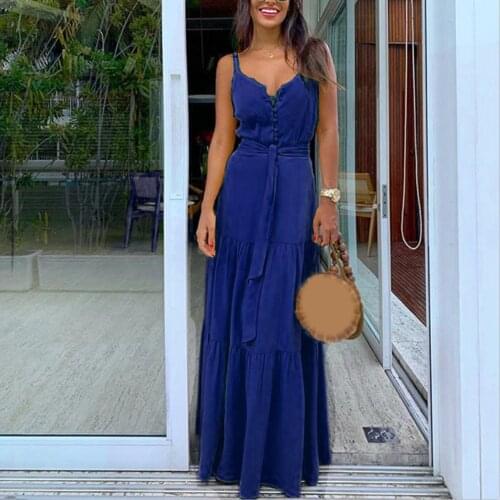 Fashion Loose Dress Robe Women Summer Boho Solid Color Sleeveless Strappy V-neck Button Party Beach Sling Dresses Plus Size 3XL