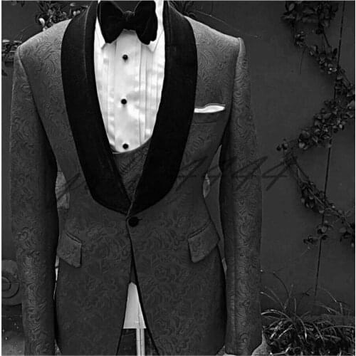Custom Made Men Suits Black Groom Tuxedos Shawl Velvet Lapel Groomsmen Wedding Best Man ( Jacket+Pants+Tie+Vest ) C676