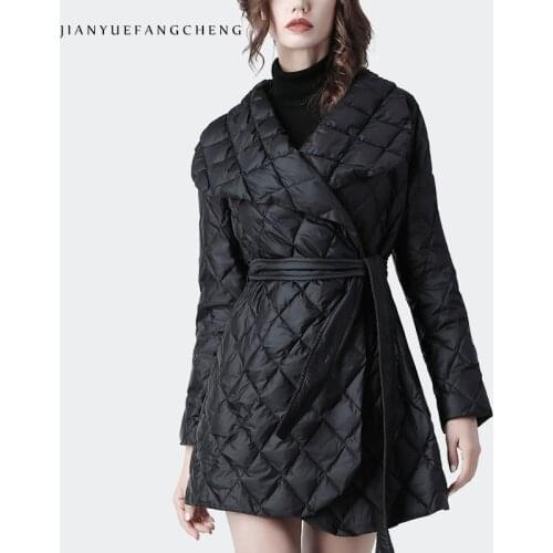 2020 Winter New Women' Long Duck Down Jacket With Belt Warm Lightly Black Down Coat Elegant Turn-down Collar Slim Korean Jackets