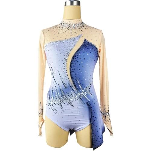 Blue Figure Skating Dress Long-Sleeved Ice Skating Skirt Spandex