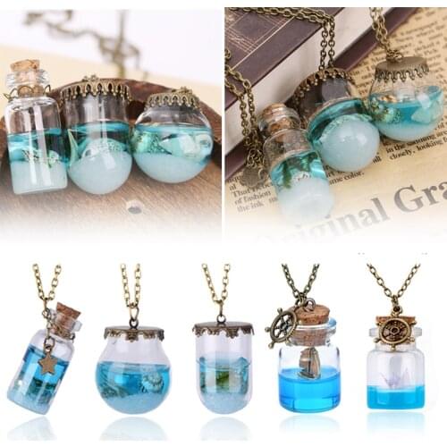 Vintage Antique Gold Mermaid Tears Shells Star Boat Wishing Bottle Necklace Blue Ocean Sea Glass Bottle For Women Men Jewelry