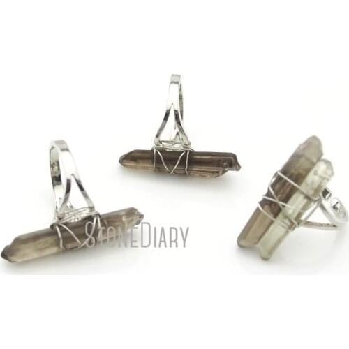 RM13010 10Pcs Latest Wire Wrapped Double Wrapped Silver Plated Faceted Pillar Ring Smokey Quartz Ring Adjustable