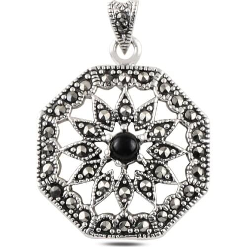 Silver 925 Sterling Onyx & Marcasite Pendant
