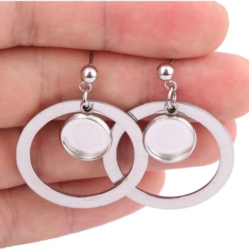 Onwear 10pcs DIY Stainless Steel post stud earring base blanks fitting 10mm 12mm cabochon setting bezels with circle hoop charms