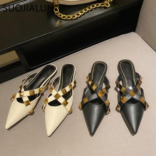 SUOJIALUN Rivet Strap Pointed Toe Flat Heel Slipper Fashion Brand Slip On Mules Shoes Ladies Luxury Outdoor Slides Flip Flop