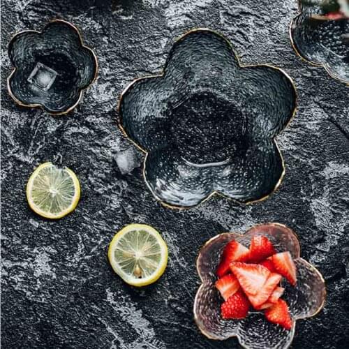 Glass Flower Sauce Dish Gold Edge Season Bowl Fruit Salad Snack Container Dessert Dish Household Tableware Kitchen Supplytive