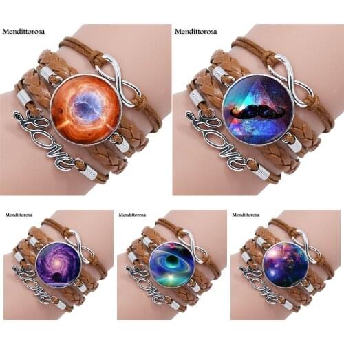 Mendittorosa Glass Cabochon Anime Jewelry With Multilayer Black/Brown Leather Bracelet Bangle Natural Nebula Galaxy Space