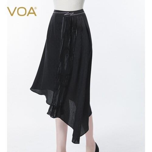 VOA 100% Silk Jacquard Mysterious Black Natural Waist Bright Line Decorative Fold Asymmetric Decorative Mature Woman Skirt CE95