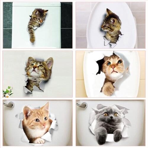 Funny Cat Broke A Hole Pattern Toilet Stickers For Wc Wash Room Home Decoration Diy Vivid 3d Wall Decals Pvc Animal Mural Art