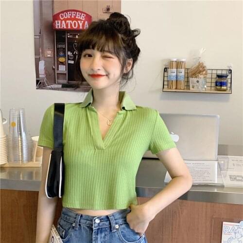 Woman Tshirts Short Sleeve Women V-neck Knitted Short Summer Cropped Top Crop Top Mujer Camisetas