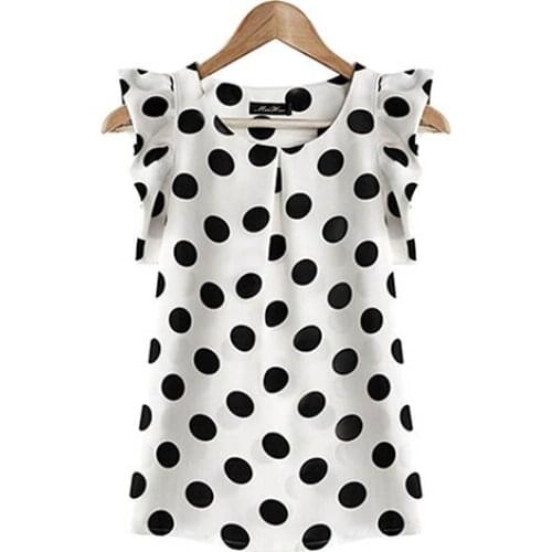 Women Summer T-Shirts Tops Casual Polka Dot Round Neck Short Sleeve Shirt Top Chiffon Blouse Tops Ladies Beach Wear Streetwear