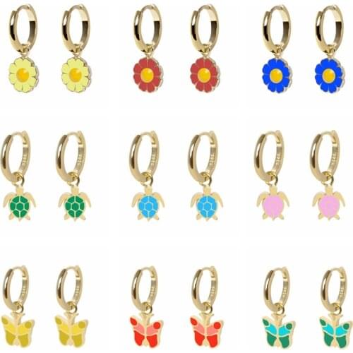 Aide 925 Sterling Silver Colored Enamel Daisy Butterfly Turtle Pendant Hoop Earrings For Women Gift Cute Animal Charm Earrings