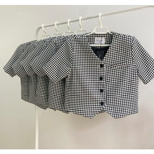 2021 summer new French retro houndstooth short jacket women v-neck small short-sleeved top