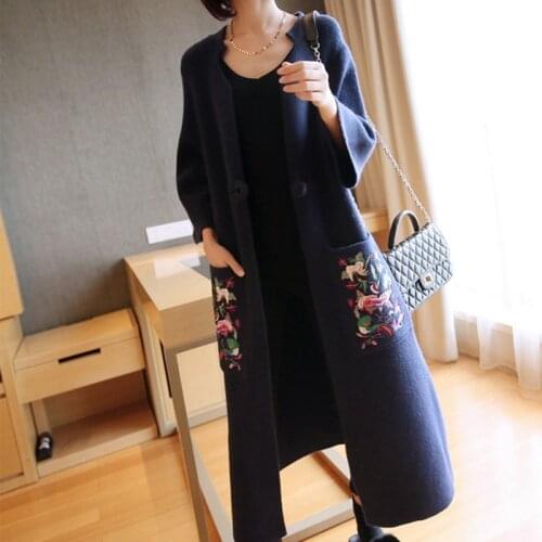 Embroidery Female Cardigan Sweaters For WomenS Winter Jumper Coat Female Kimono Vintage Knitted Long Trench Windbreaker DD2398