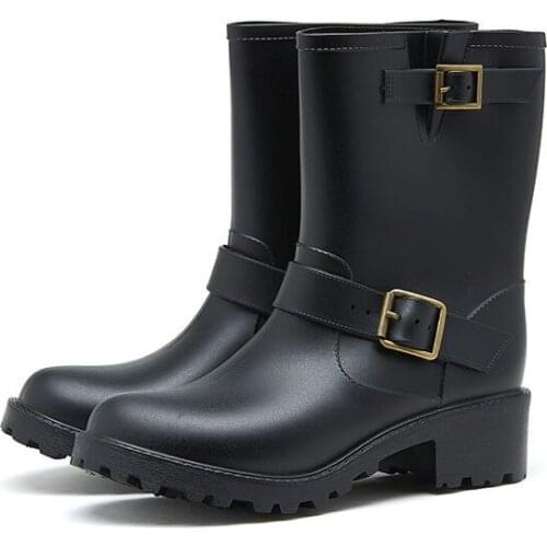 Winter Comfortable Women PVC Middle Rain Boots Casual Waterproof Rubber Shoes Fashion Buckle Non-slip Rainboots Motorcycle Boots