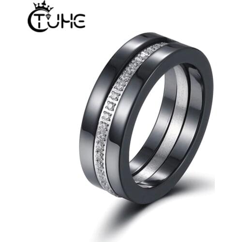 2pcs/Set Splittable Ceramic Rings For Women Fashion Jewelry Class Black White With 1 Row Crystal Wedding Party Sexy Ring Smooth