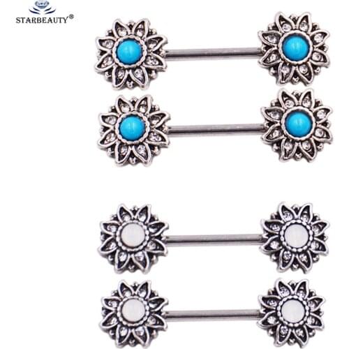 2Pcs/Lot Sunflower with Blue Nature Stone Nipple Earring Piercing 1.6*16mm Fake White Opal Nipple Jewelry Earrings Sexy Women